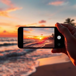 An artistic representation of a smartphone capturing a vibrant sunset over a serene beach