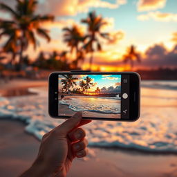 An artistic representation of a smartphone capturing a vibrant sunset over a serene beach