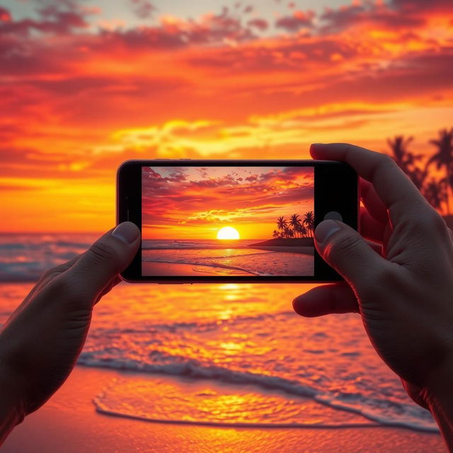 An artistic representation of a smartphone capturing a vibrant sunset over a serene beach