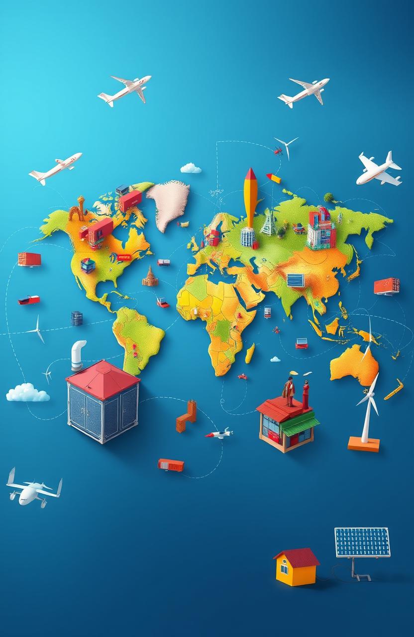 A vibrant and dynamic world map showcasing the concept of globalization, featuring interconnected cities across different continents, symbols of trade such as shipping containers and airplanes, diverse cultures represented through traditional attire, technology with satellites and internet connections, and green initiatives like wind turbines and solar panels, all blended into a colorful and engaging composition that highlights unity and diversity in a globalized world