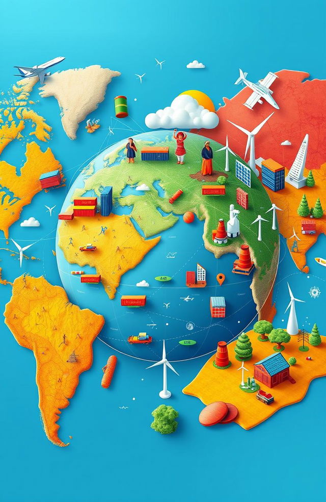 A vibrant and dynamic world map showcasing the concept of globalization, featuring interconnected cities across different continents, symbols of trade such as shipping containers and airplanes, diverse cultures represented through traditional attire, technology with satellites and internet connections, and green initiatives like wind turbines and solar panels, all blended into a colorful and engaging composition that highlights unity and diversity in a globalized world