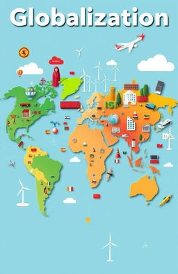 A vibrant and dynamic world map showcasing the concept of globalization, featuring interconnected cities across different continents, symbols of trade such as shipping containers and airplanes, diverse cultures represented through traditional attire, technology with satellites and internet connections, and green initiatives like wind turbines and solar panels, all blended into a colorful and engaging composition that highlights unity and diversity in a globalized world
