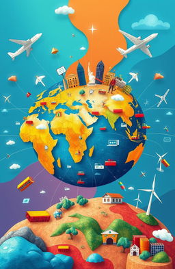 A vibrant and dynamic world map showcasing the concept of globalization, featuring interconnected cities across different continents, symbols of trade such as shipping containers and airplanes, diverse cultures represented through traditional attire, technology with satellites and internet connections, and green initiatives like wind turbines and solar panels, all blended into a colorful and engaging composition that highlights unity and diversity in a globalized world