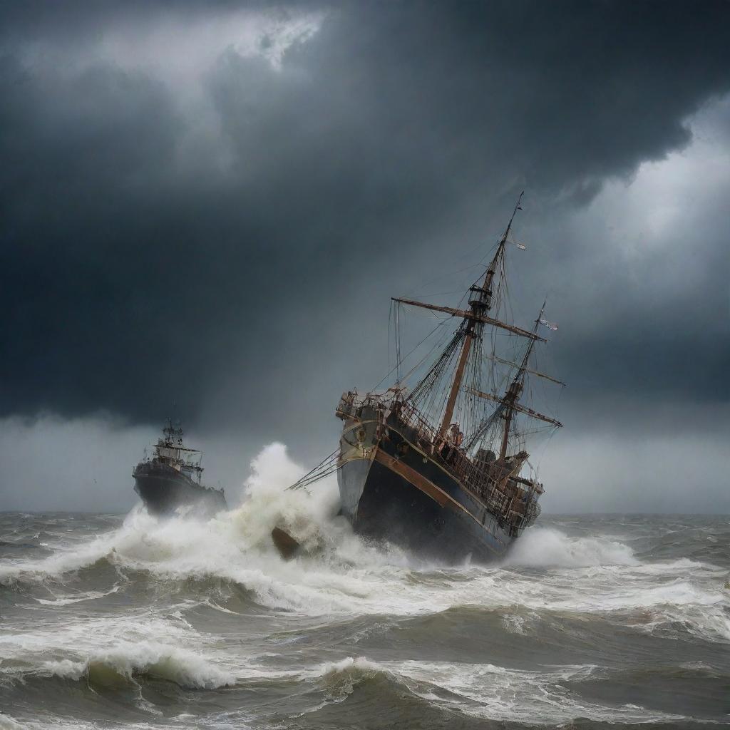 A spectacle of surreal destruction ensues as the powerful winds of the sea-born tornado lift the seafaring vessels high into the storm-ravaged sky.