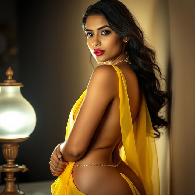 A seductive Indian model with bright eyes and a gorgeous face stands next to a lamp, wearing a low hip, transparent yellow chiffon saree that drapes elegantly over her figure