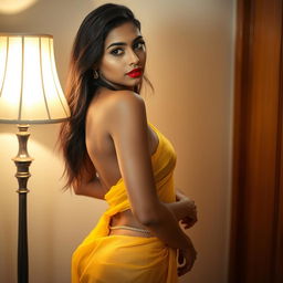 A seductive Indian model with bright eyes and a gorgeous face stands next to a lamp, wearing a low hip, transparent yellow chiffon saree that drapes elegantly over her figure