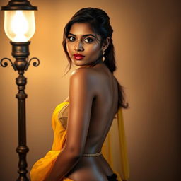 A seductive Indian model with bright eyes and a gorgeous face stands next to a lamp, wearing a low hip, transparent yellow chiffon saree that drapes elegantly over her figure