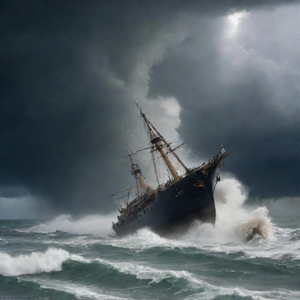 A spectacle of surreal destruction ensues as the powerful winds of the sea-born tornado lift the seafaring vessels high into the storm-ravaged sky.