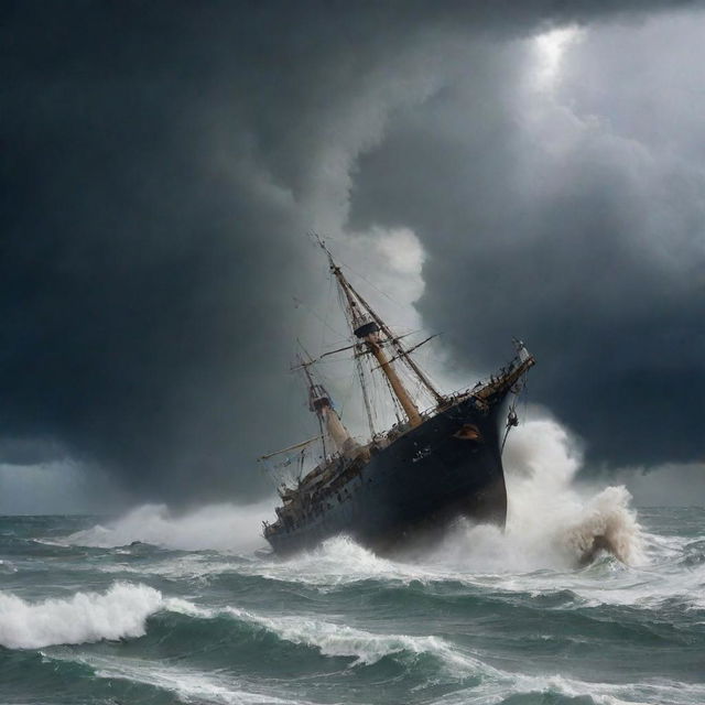 A spectacle of surreal destruction ensues as the powerful winds of the sea-born tornado lift the seafaring vessels high into the storm-ravaged sky.