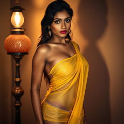 A seductive Indian model with bright eyes and a gorgeous face stands next to a lamp, wearing a low hip, transparent yellow chiffon saree that drapes elegantly over her figure
