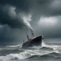 A spectacle of surreal destruction ensues as the powerful winds of the sea-born tornado lift the seafaring vessels high into the storm-ravaged sky.