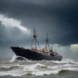 A spectacle of surreal destruction ensues as the powerful winds of the sea-born tornado lift the seafaring vessels high into the storm-ravaged sky.