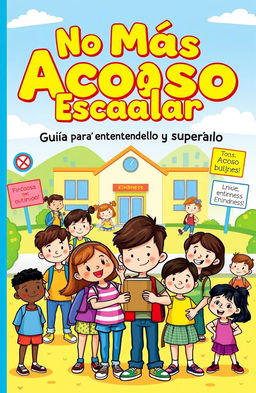 A vibrant cartoon cover for a book titled "No Más Acoso Escolar: Guía para Entenderlo y Superarlo"