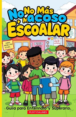 A vibrant cartoon cover for a book titled "No Más Acoso Escolar: Guía para Entenderlo y Superarlo"