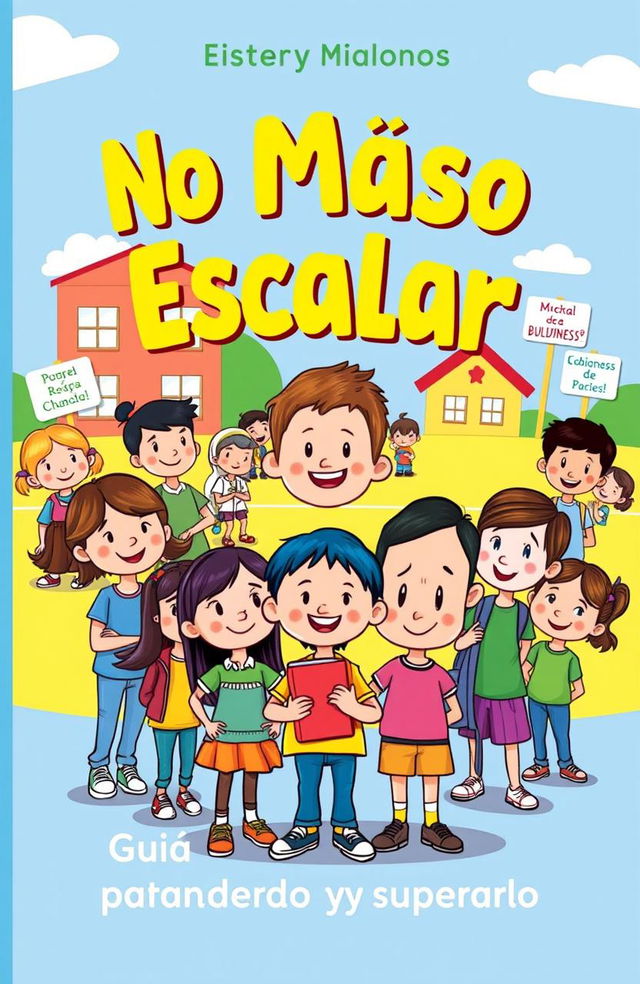 A vibrant cartoon cover for a book titled "No Más Acoso Escolar: Guía para Entenderlo y Superarlo"