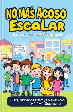 A vibrant cartoon cover for a book titled "No Más Acoso Escolar: Guía para Entenderlo y Superarlo"