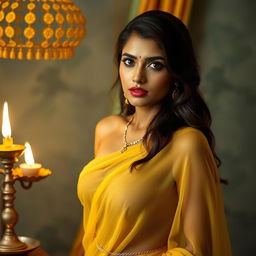 A seductive Indian model with bright eyes and a gorgeous face, wearing a low hip transparent yellow chiffon saree