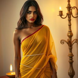 A seductive Indian model with bright eyes and a gorgeous face, wearing a low hip transparent yellow chiffon saree