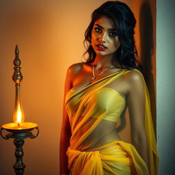 A seductive Indian model with bright eyes and a gorgeous face, wearing a low hip transparent yellow chiffon saree