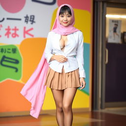 A Japanese woman, approximately 18 years old, dressed as a schoolgirl standing confidently