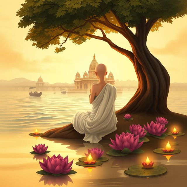 A serene book cover illustration featuring the back view of a slender woman sitting peacefully under a large tree beside a majestic Hindu temple