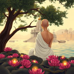 A serene book cover illustration featuring the back view of a slender woman sitting peacefully under a large tree beside a majestic Hindu temple