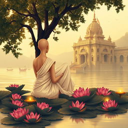A serene book cover illustration featuring the back view of a slender woman sitting peacefully under a large tree beside a majestic Hindu temple
