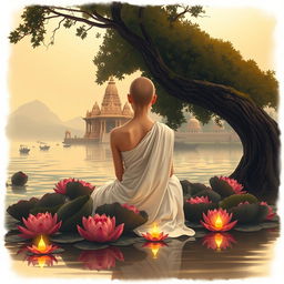 A serene book cover illustration featuring the back view of a slender woman sitting peacefully under a large tree beside a majestic Hindu temple