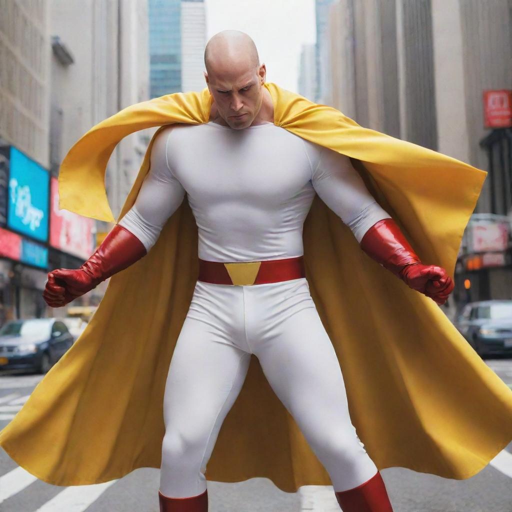 Anime-style representation of a bald superhero in a vibrant yellow shirt, red gloves, and a flowing white cloak. He's standing in a bustling city, exuding an aura of immense one punch power.