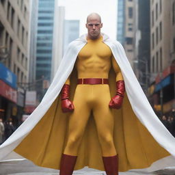 Anime-style representation of a bald superhero in a vibrant yellow shirt, red gloves, and a flowing white cloak. He's standing in a bustling city, exuding an aura of immense one punch power.