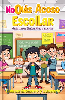 A vibrant and engaging cartoon cover design for a book titled "No Más Acoso Escolar: Guía para Entenderlo y Superarlo"