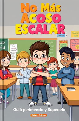 A vibrant and engaging cartoon cover design for a book titled "No Más Acoso Escolar: Guía para Entenderlo y Superarlo"