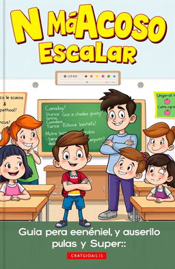A vibrant and engaging cartoon cover design for a book titled "No Más Acoso Escolar: Guía para Entenderlo y Superarlo"