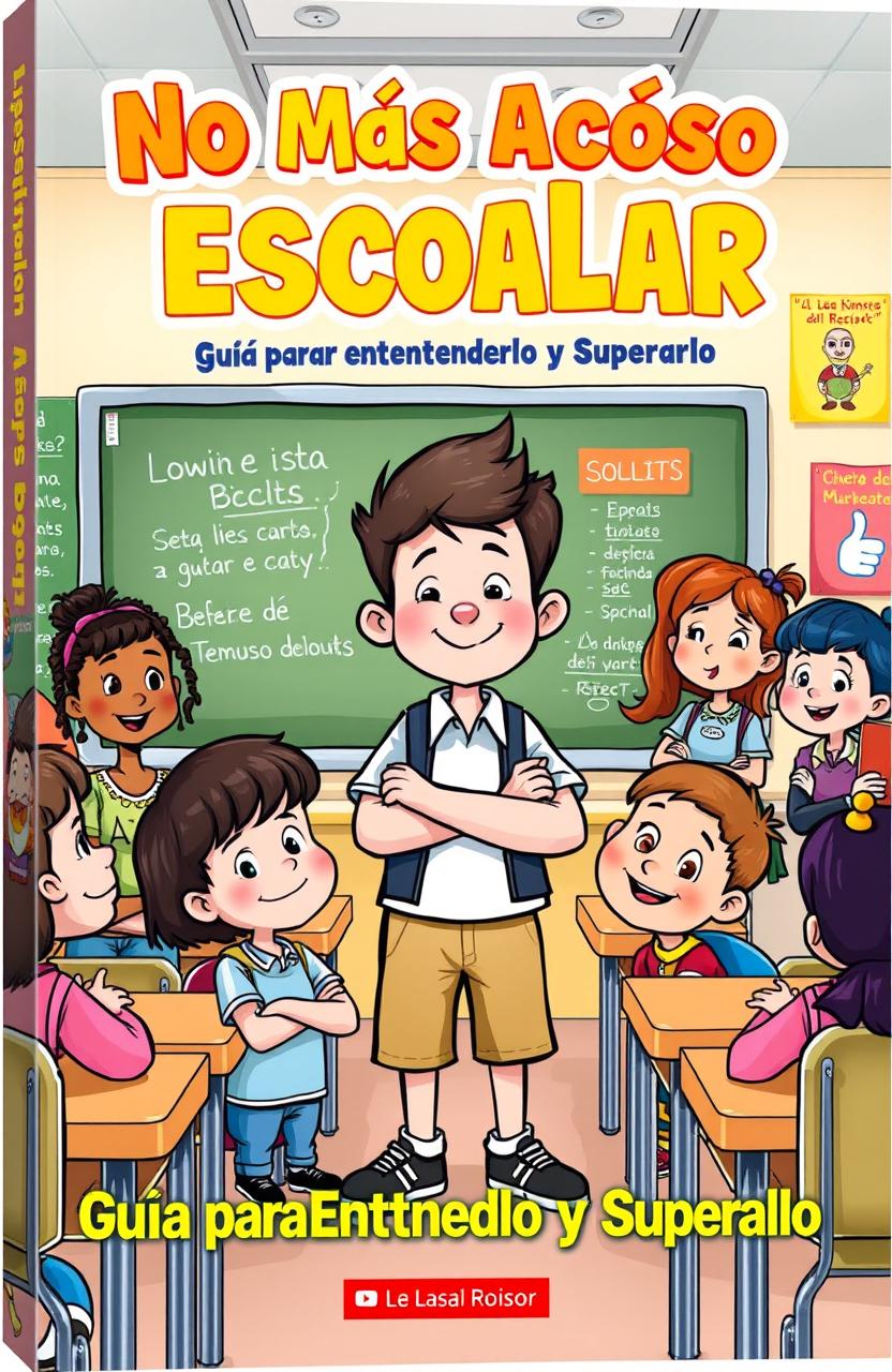 A vibrant and engaging cartoon cover design for a book titled "No Más Acoso Escolar: Guía para Entenderlo y Superarlo"