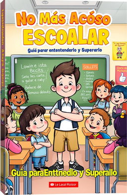 A vibrant and engaging cartoon cover design for a book titled "No Más Acoso Escolar: Guía para Entenderlo y Superarlo"