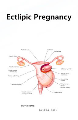 A professionally designed cover page for a project on ectopic pregnancy, featuring an anatomical diagram of the female reproductive system with emphasis on an ectopic pregnancy, clear labels, and educational elements