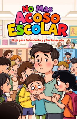 A vibrant and engaging cartoon cover illustrating the theme of school bullying, featuring a diverse group of students, some appearing upset while others are supportive