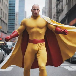 Anime-style representation of a bald superhero in a vibrant yellow shirt, red gloves, and a flowing white cloak. He's standing in a bustling city, exuding an aura of immense one punch power.