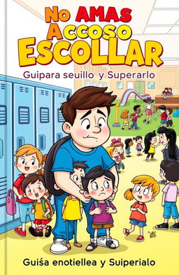 A vibrant and engaging cartoon cover illustrating the theme of school bullying, featuring a diverse group of students, some appearing upset while others are supportive