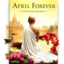 A book cover featuring the back of a slender woman with a tonsured head, wearing a flowing white sari that cascades elegantly behind her