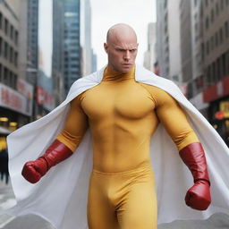 Anime-style representation of a bald superhero in a vibrant yellow shirt, red gloves, and a flowing white cloak. He's standing in a bustling city, exuding an aura of immense one punch power.