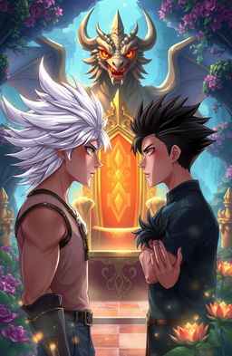 In a fantastical world, a grand throne sits at the center of the scene, surrounded by lush, vibrant landscapes filled with mystical flora and enchanted light