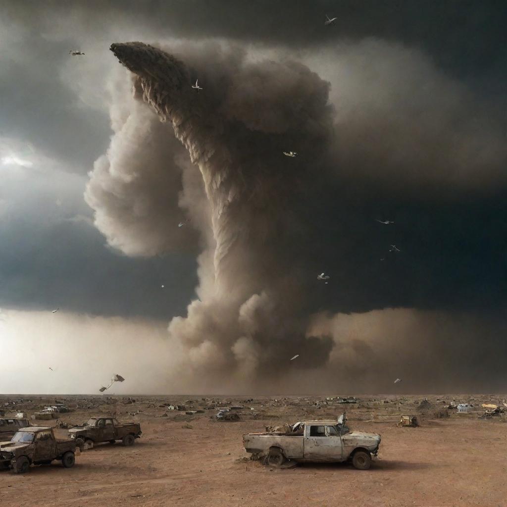 The tornado hurls the ships into the air, creating a bizarre spectacle above. The villagers, now on the desert's edge, look up in disbelief as the sky turns into a theatre of flying ships.