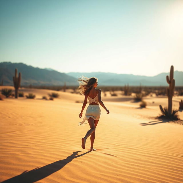 A beautiful young woman walking gracefully in a vast desert, her silhouette highlighted against the warm, golden sand and clear blue sky