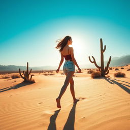A beautiful young woman walking gracefully in a vast desert, her silhouette highlighted against the warm, golden sand and clear blue sky