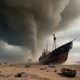 The tornado hurls the ships into the air, creating a bizarre spectacle above. The villagers, now on the desert's edge, look up in disbelief as the sky turns into a theatre of flying ships.