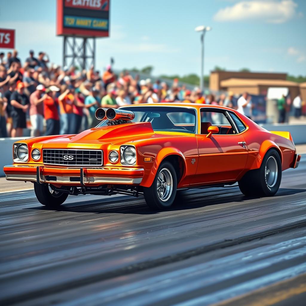 A specially modified 1976 Malibu, featuring a vibrant orange exterior, designed for drag racing competitions