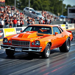 A specially modified 1976 Malibu, featuring a vibrant orange exterior, designed for drag racing competitions