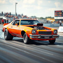 A specially modified 1976 Malibu, featuring a vibrant orange exterior, designed for drag racing competitions