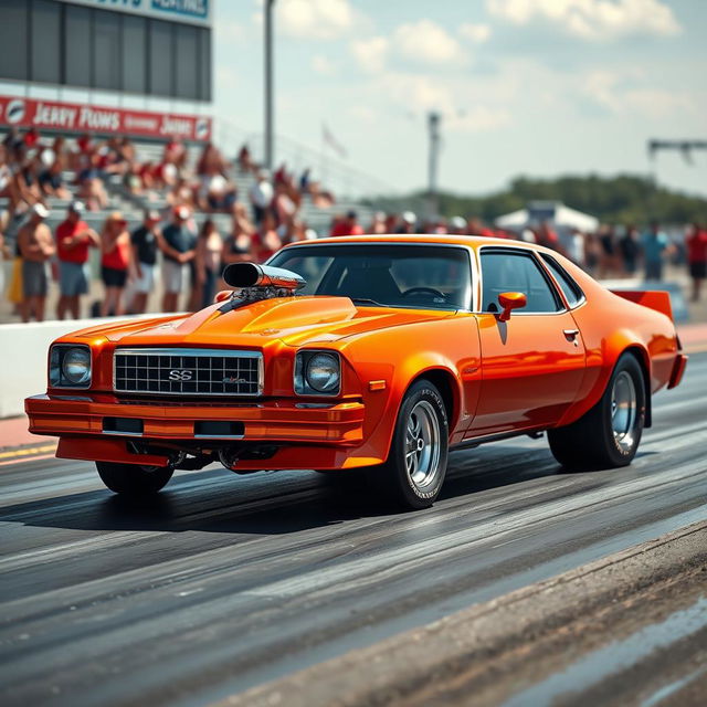 A specially modified 1976 Malibu, featuring a vibrant orange exterior, designed for drag racing competitions